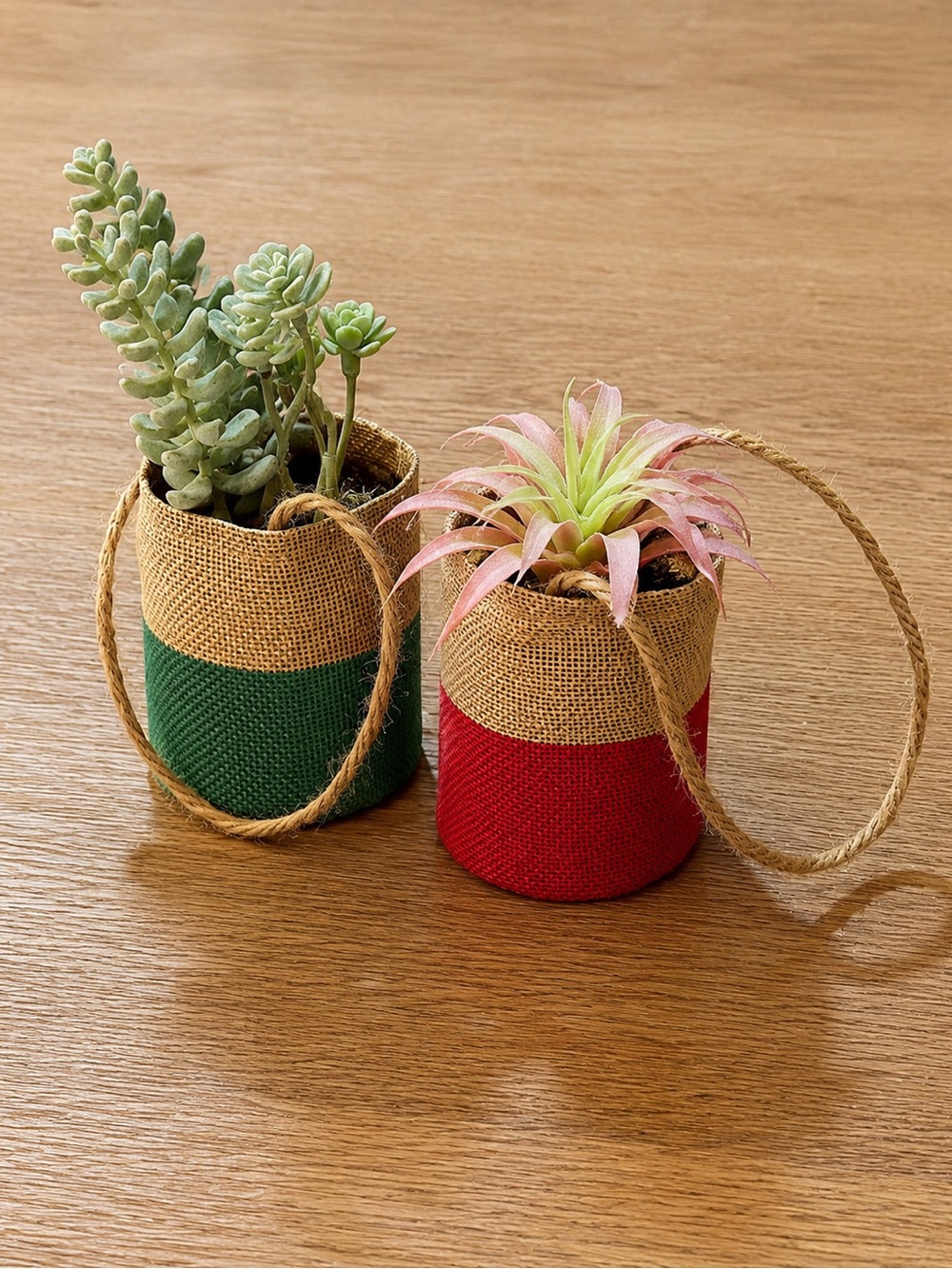 Burlap Hanging Faux Succulent Planter Set - Red & Green